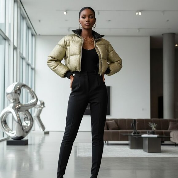 New BAE Metallic Gold Panel Zipper Up Crop Puff Puffer Coat Jacket L 8/10 - Picture 1 of 6